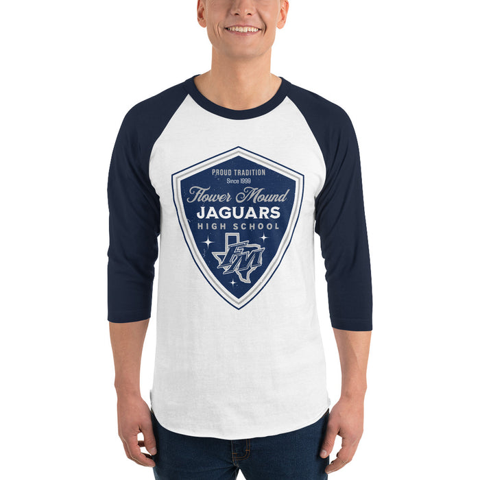 Man wearing Flower Mound High School Jaguars Unisex 3/4 sleeve Raglan T-shirt 225