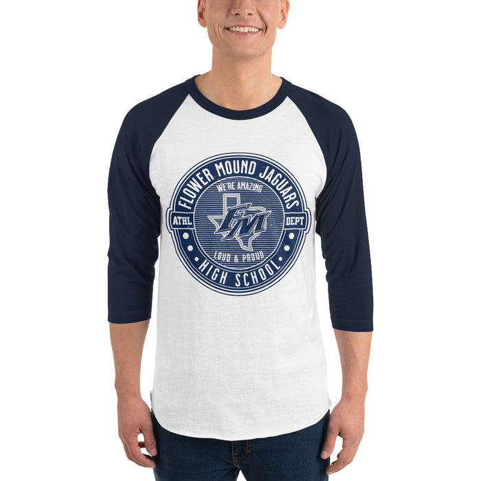 Man wearing Flower Mound High School Jaguars Unisex 3/4 sleeve Raglan T-shirt 224