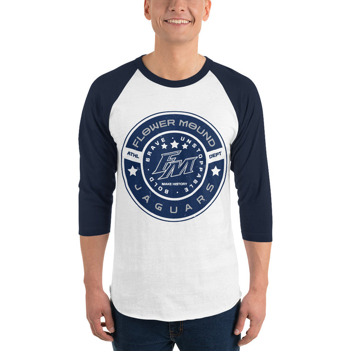 Man wearing Flower Mound High School Jaguars Unisex 3/4 sleeve Raglan T-shirt 239