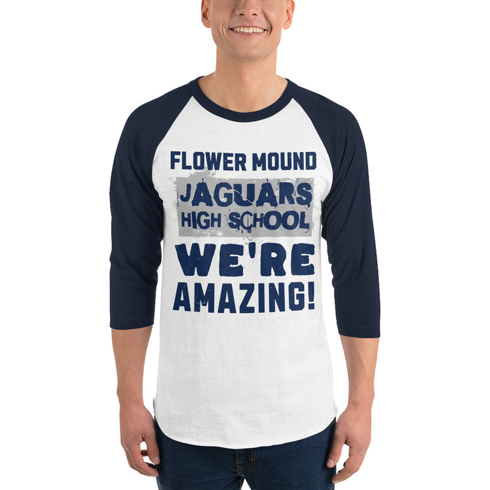 Man wearing Flower Mound High School Jaguars Unisex 3/4 sleeve Raglan T-shirt 231