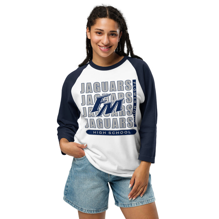 Woman wearing Flower Mound High School Jaguars Unisex 3/4 sleeve Raglan T-shirt 236