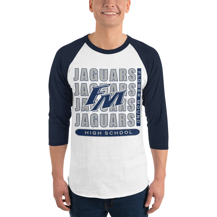 Man wearing Flower Mound High School Jaguars Unisex 3/4 sleeve Raglan T-shirt 236