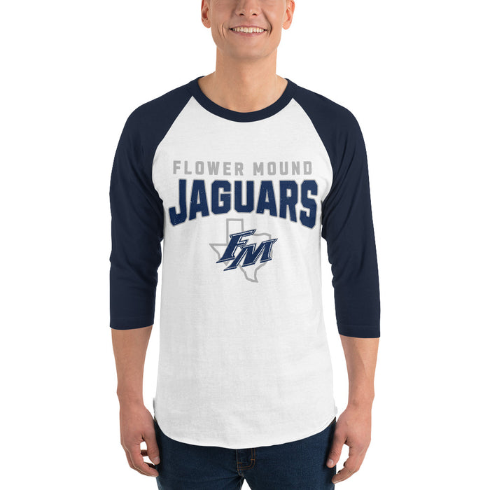 Man wearing Flower Mound High School Jaguars Unisex 3/4 sleeve Raglan T-shirt 234