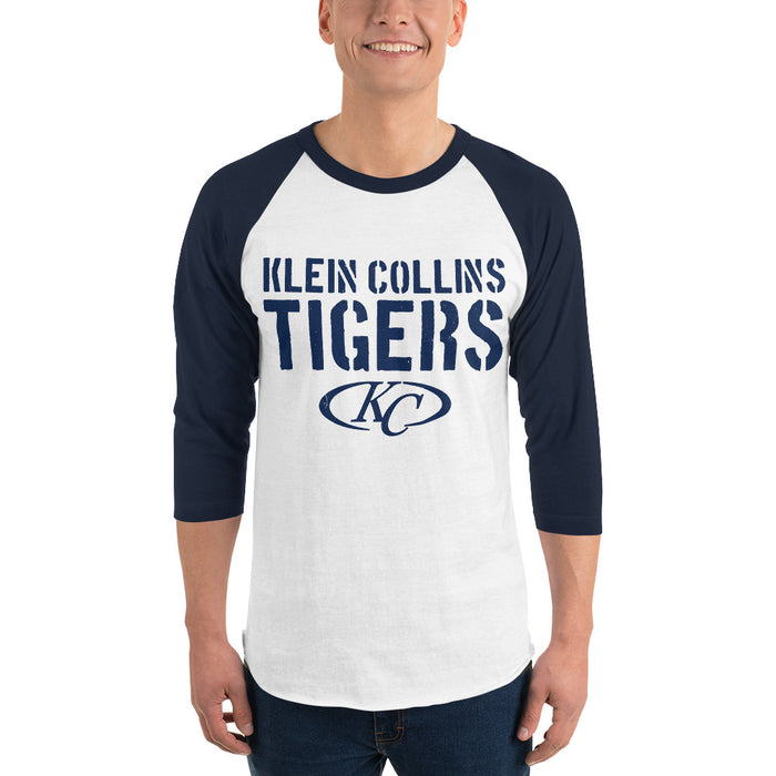 Man wearing Klein Collins High School Tigers Unisex 3/4 Sleeve Raglan T-shirt 017