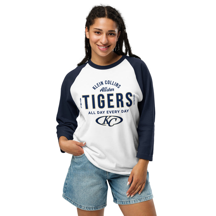 Woman wearing Klein Collins High School Tigers Unisex 3/4 Sleeve Raglan T-shirt 040