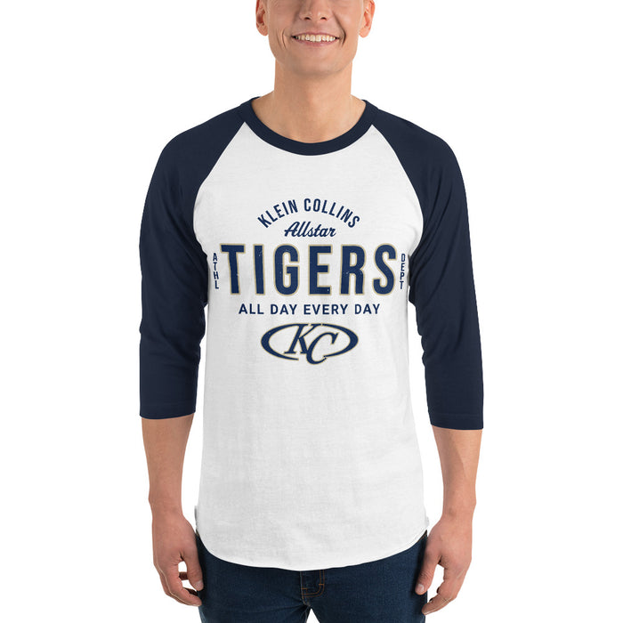 Man wearing Klein Collins High School Tigers Unisex 3/4 Sleeve Raglan T-shirt 040