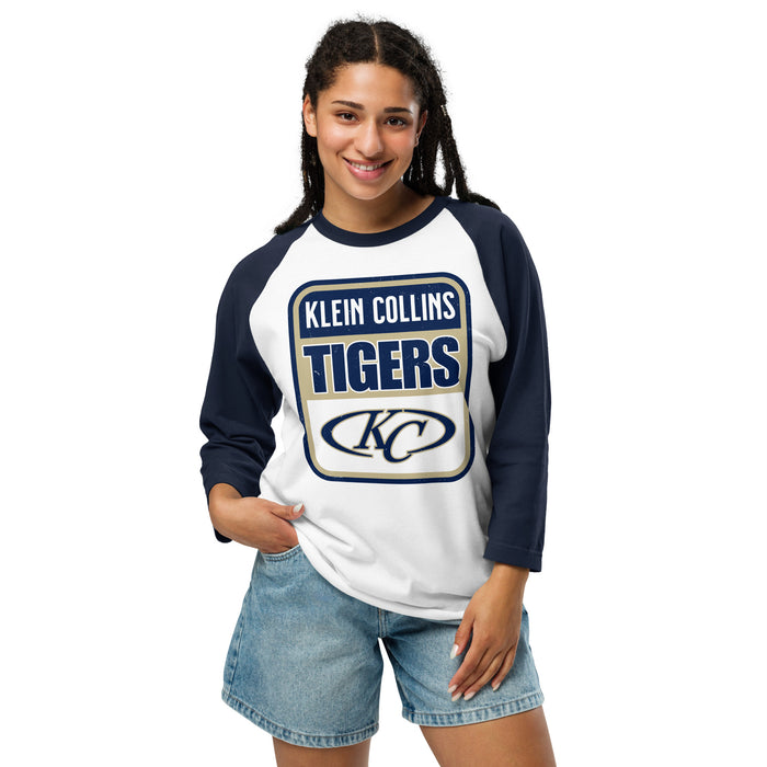 Woman wearing Klein Collins High School Tigers Unisex 3/4 Sleeve Raglan T-shirt 001
