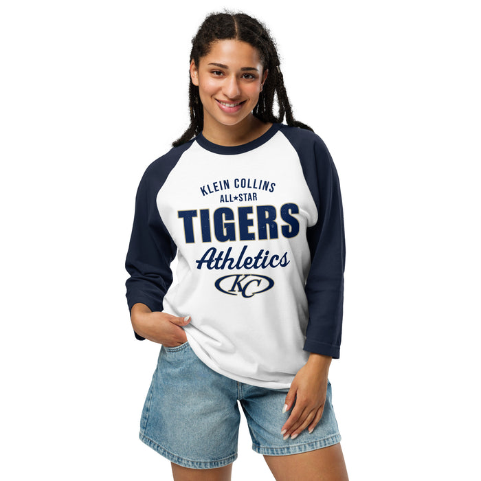 Woman wearing Klein Collins High School Tigers Unisex 3/4 Sleeve Raglan T-shirt 034