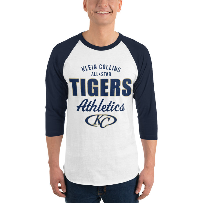 Man wearing Klein Collins High School Tigers Unisex 3/4 Sleeve Raglan T-shirt 034