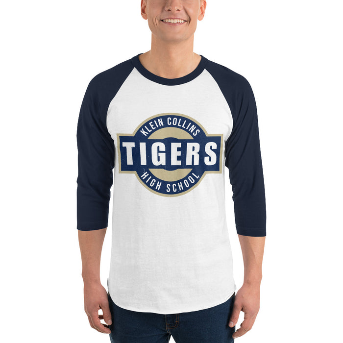 Man wearing Klein Collins High School Tigers Unisex 3/4 Sleeve Raglan T-shirt 011