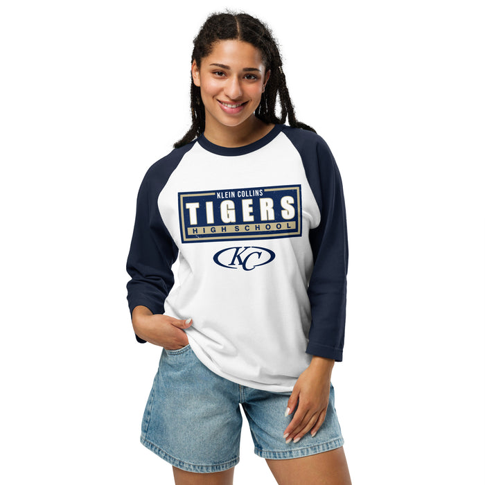 Woman wearing Klein Collins High School Tigers Unisex 3/4 Sleeve Raglan T-shirt 049