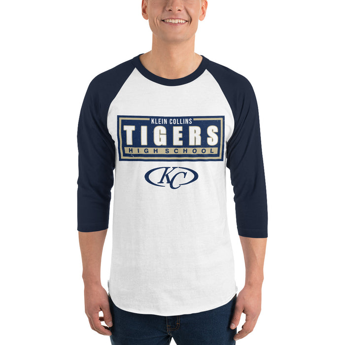 Man wearing Klein Collins High School Tigers Unisex 3/4 Sleeve Raglan T-shirt 049