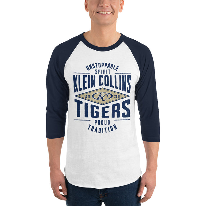 Man wearing Klein Collins High School Tigers Unisex 3/4 Sleeve Raglan T-shirt 210