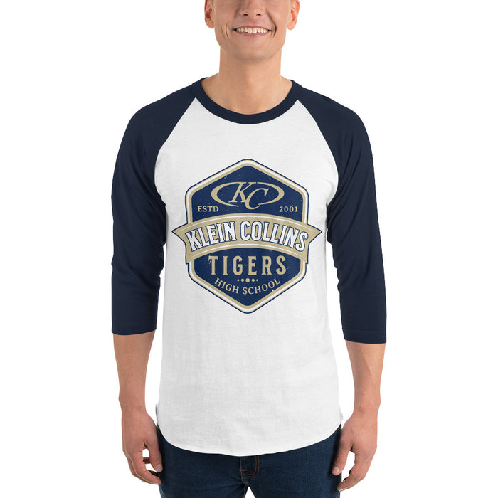 Man wearing Klein Collins High School Tigers Unisex 3/4 Sleeve Raglan T-shirt 209