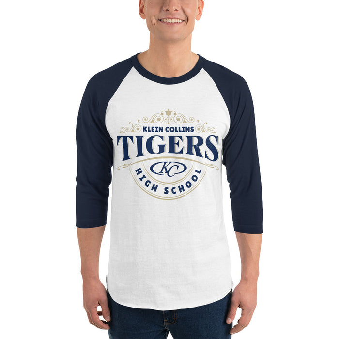 Man wearing Klein Collins High School Tigers Unisex 3/4 Sleeve Raglan T-shirt 211