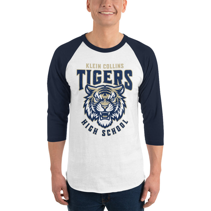 Man wearing Klein Collins High School Tigers Unisex 3/4 Sleeve Raglan T-shirt 213