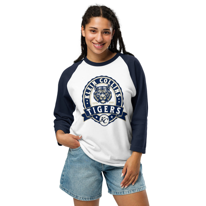 Woman wearing Klein Collins High School Tigers Unisex 3/4 Sleeve Raglan T-shirt 212