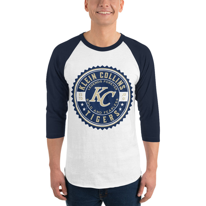 Man wearing Klein Collins High School Tigers Unisex 3/4 Sleeve Raglan T-shirt 203