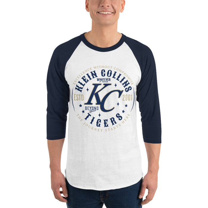 Man wearing Klein Collins High School Tigers Unisex 3/4 Sleeve Raglan T-shirt 214