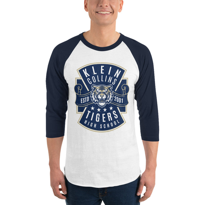 Man wearing Klein Collins High School Tigers Unisex 3/4 Sleeve Raglan T-shirt 207