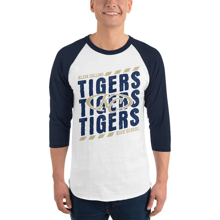 Man wearing Klein Collins High School Tigers Unisex 3/4 Sleeve Raglan T-shirt 223