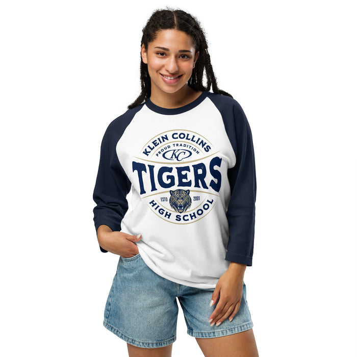 Woman wearing Klein Collins High School Tigers Unisex 3/4 Sleeve Raglan T-shirt 218