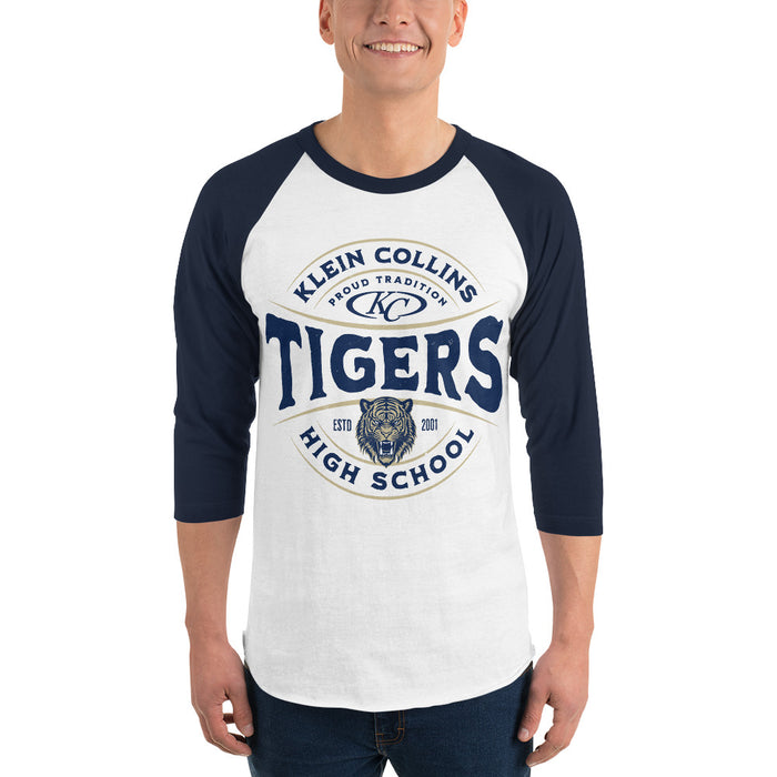 Man wearing Klein Collins High School Tigers Unisex 3/4 Sleeve Raglan T-shirt 218