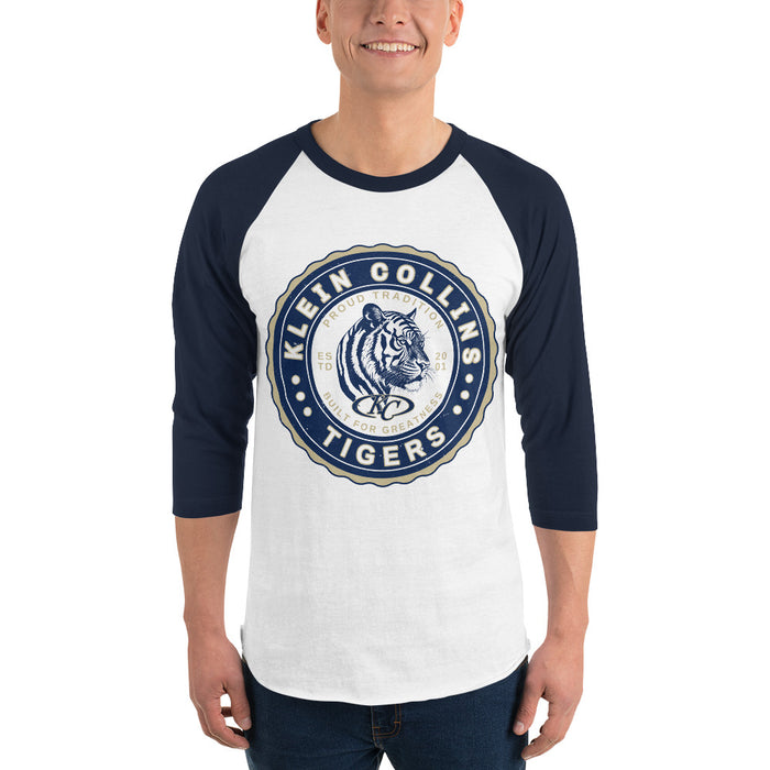 Man wearing Klein Collins High School Tigers Unisex 3/4 Sleeve Raglan T-shirt 216