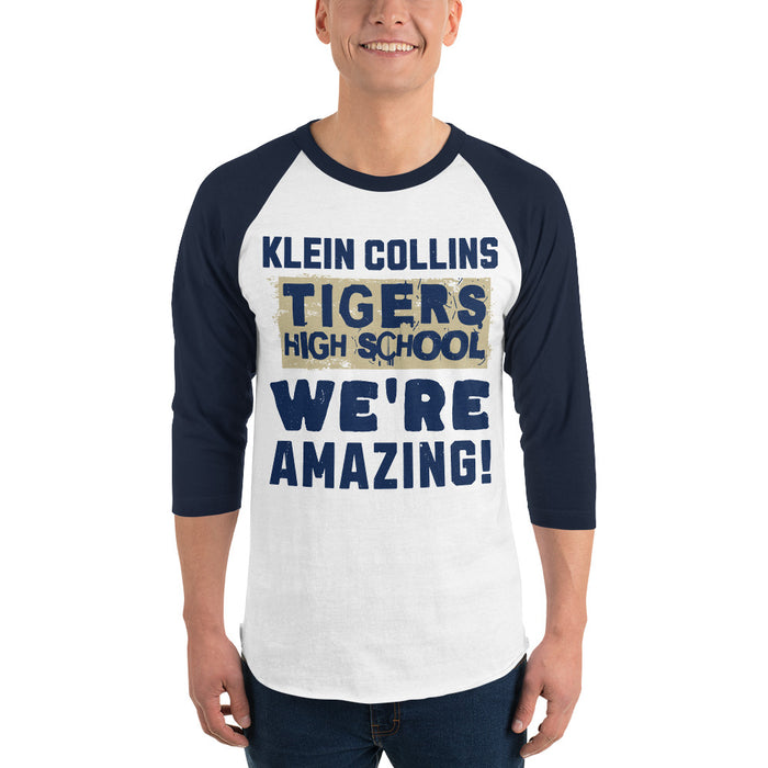 Man wearing Klein Collins High School Tigers Unisex 3/4 Sleeve Raglan T-shirt 231