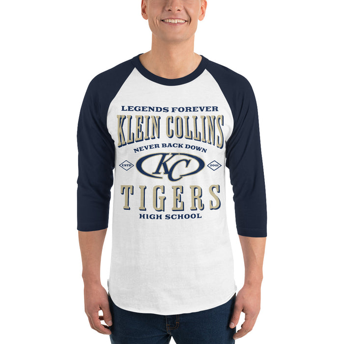 Man wearing Klein Collins High School Tigers Unisex 3/4 Sleeve Raglan T-shirt 230