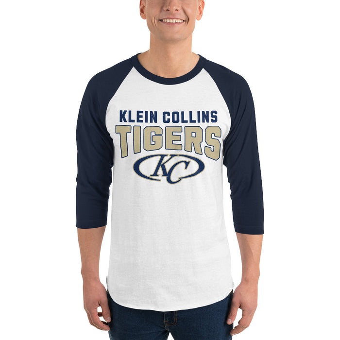 Man wearing Klein Collins High School Tigers Unisex 3/4 Sleeve Raglan T-shirt 234