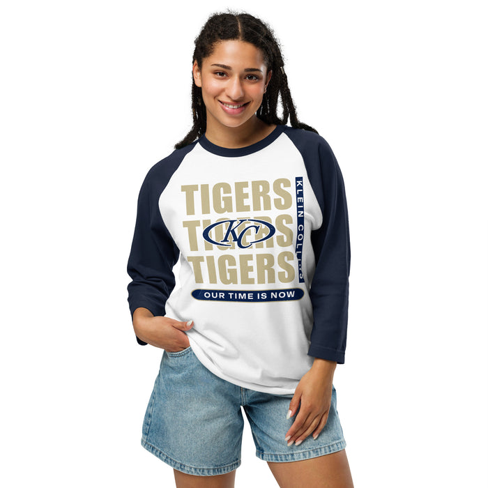 Woman wearing Klein Collins High School Tigers Unisex 3/4 Sleeve Raglan T-shirt 235