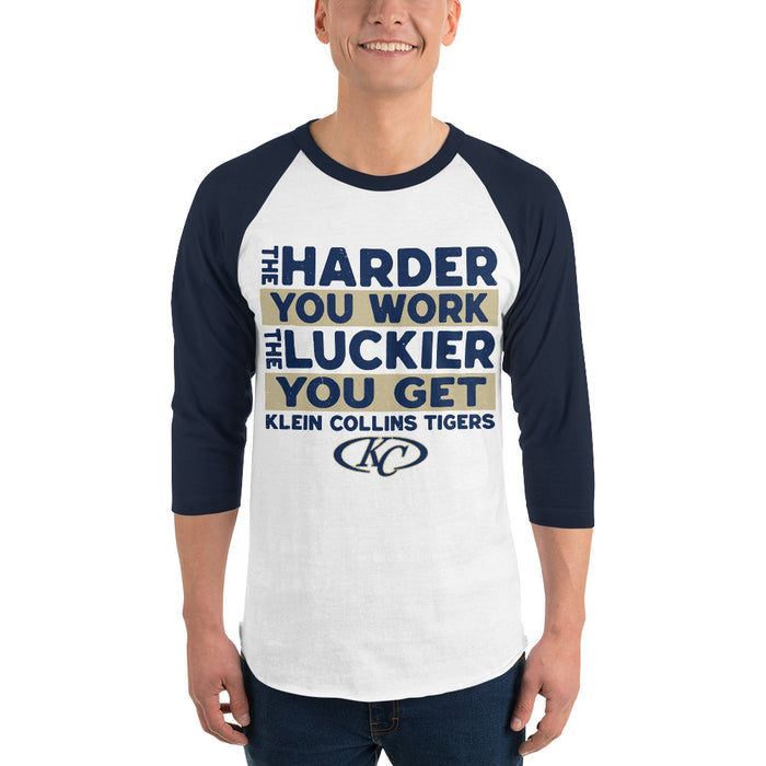 Man wearing Klein Collins High School Tigers Unisex 3/4 Sleeve Raglan T-shirt 238