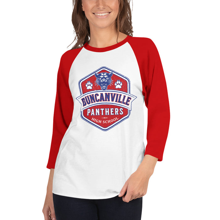 Woman wearing Duncanville High School Panthers Unisex 3/4 sleeve Raglan T-shirt 209