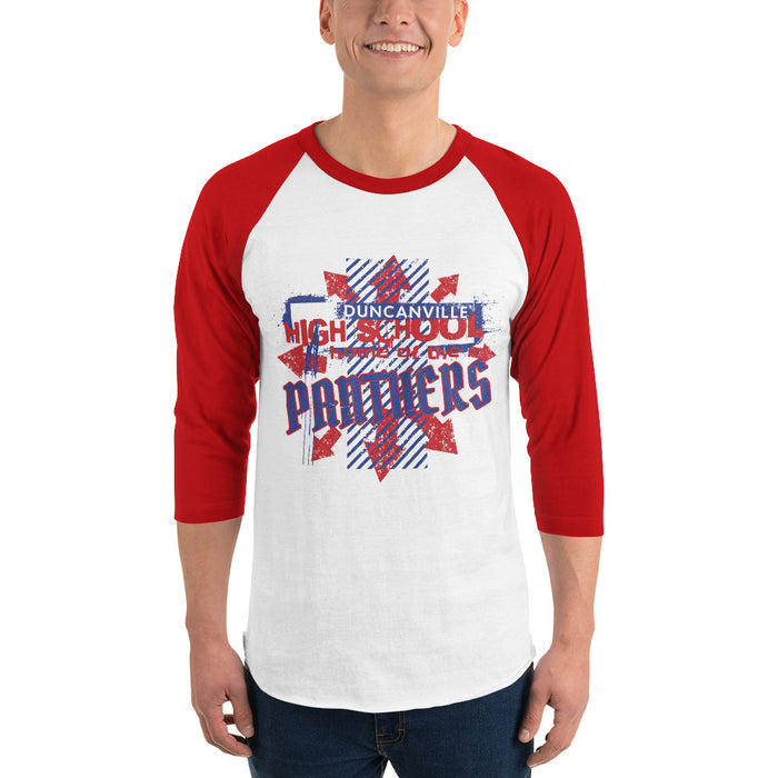 Man wearing Duncanville High School Panthers Unisex 3/4 sleeve Raglan T-shirt 210