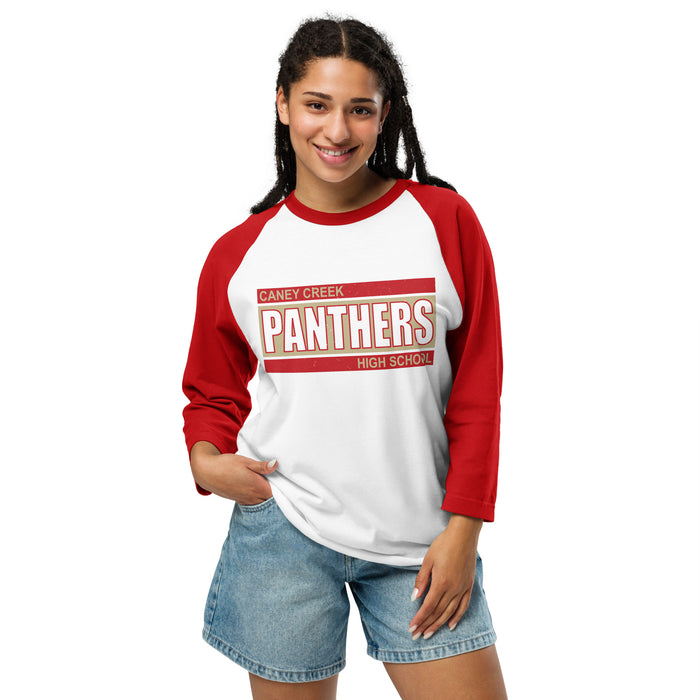 WOman wearing Caney Creek High School Panthers Unisex 3/4 sleeve Raglan T-shirt 098