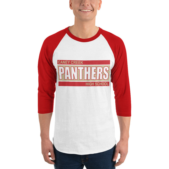 Man wearing Caney Creek High School Panthers Unisex 3/4 sleeve Raglan T-shirt 098