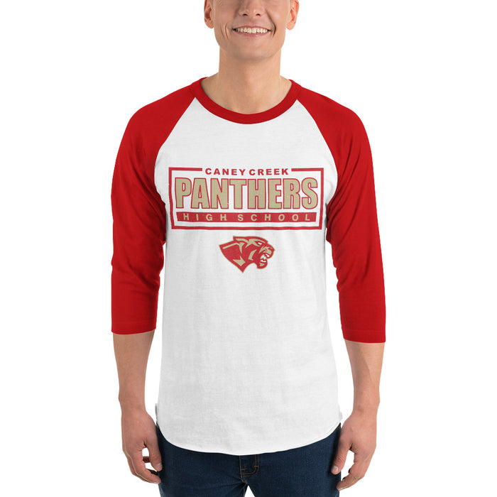 Man wearing Caney Creek High School Panthers Unisex 3/4 sleeve Raglan T-shirt 049