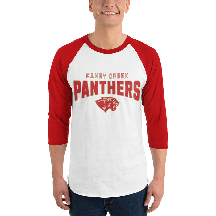 Man wearing Caney Creek High School Panthers Unisex 3/4 sleeve Raglan T-shirt 223