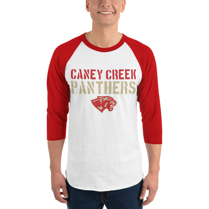 Man wearing Caney Creek High School Panthers Unisex 3/4 sleeve Raglan T-shirt 017