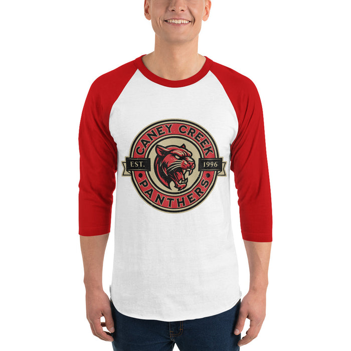 Man wearing Caney Creek High School Panthers Unisex 3/4 sleeve Raglan T-shirt 221