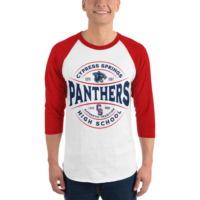 Man wearing Cypress Springs High School Panthers Unisex 3/4 sleeve Raglan T-shirt 218 - Red Sleeves
