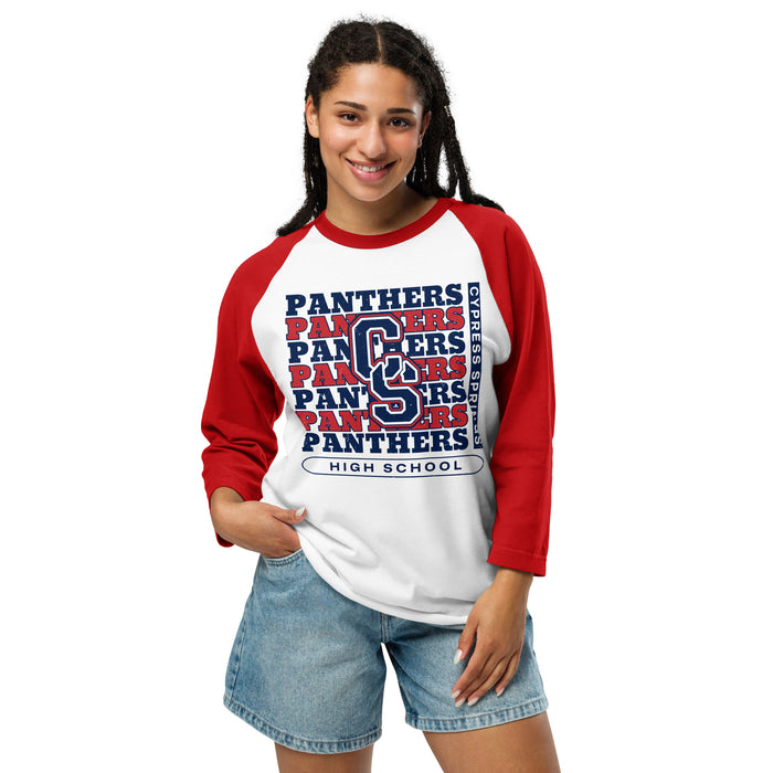 Woman wearing Cypress Springs High School Panthers Unisex 3/4 sleeve Raglan T-shirt 235 - Red Sleeves