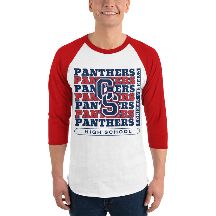 Man wearing Cypress Springs High School Panthers Unisex 3/4 sleeve Raglan T-shirt 235 - Red Sleeves