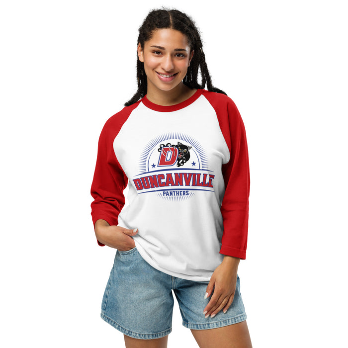 Woman wearing Duncanville High School Panthers Unisex 3/4 sleeve Raglan T-shirt 221