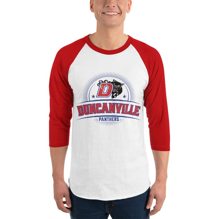 Man wearing Duncanville High School Panthers Unisex 3/4 sleeve Raglan T-shirt 221