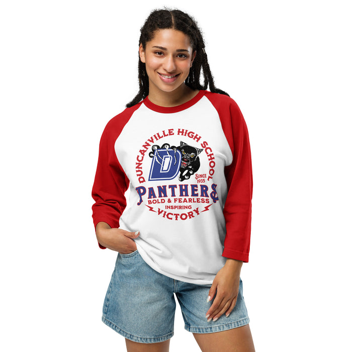 Woman wearing Duncanville High School Panthers Unisex 3/4 sleeve Raglan T-shirt 206