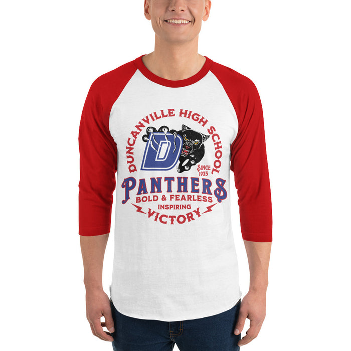 Man wearing Duncanville High School Panthers Unisex 3/4 sleeve Raglan T-shirt 206