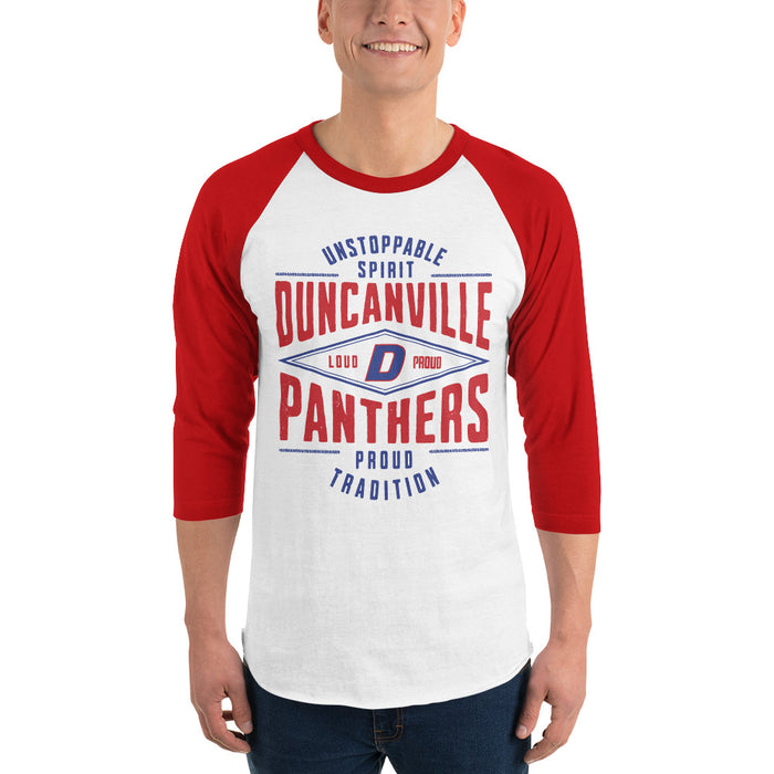 Man wearing Duncanville High School Panthers Unisex 3/4 sleeve Raglan T-shirt 210