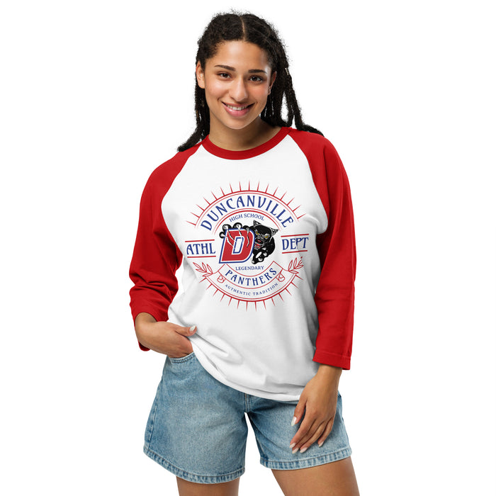 Woman wearing Duncanville High School Panthers Unisex 3/4 sleeve Raglan T-shirt 201